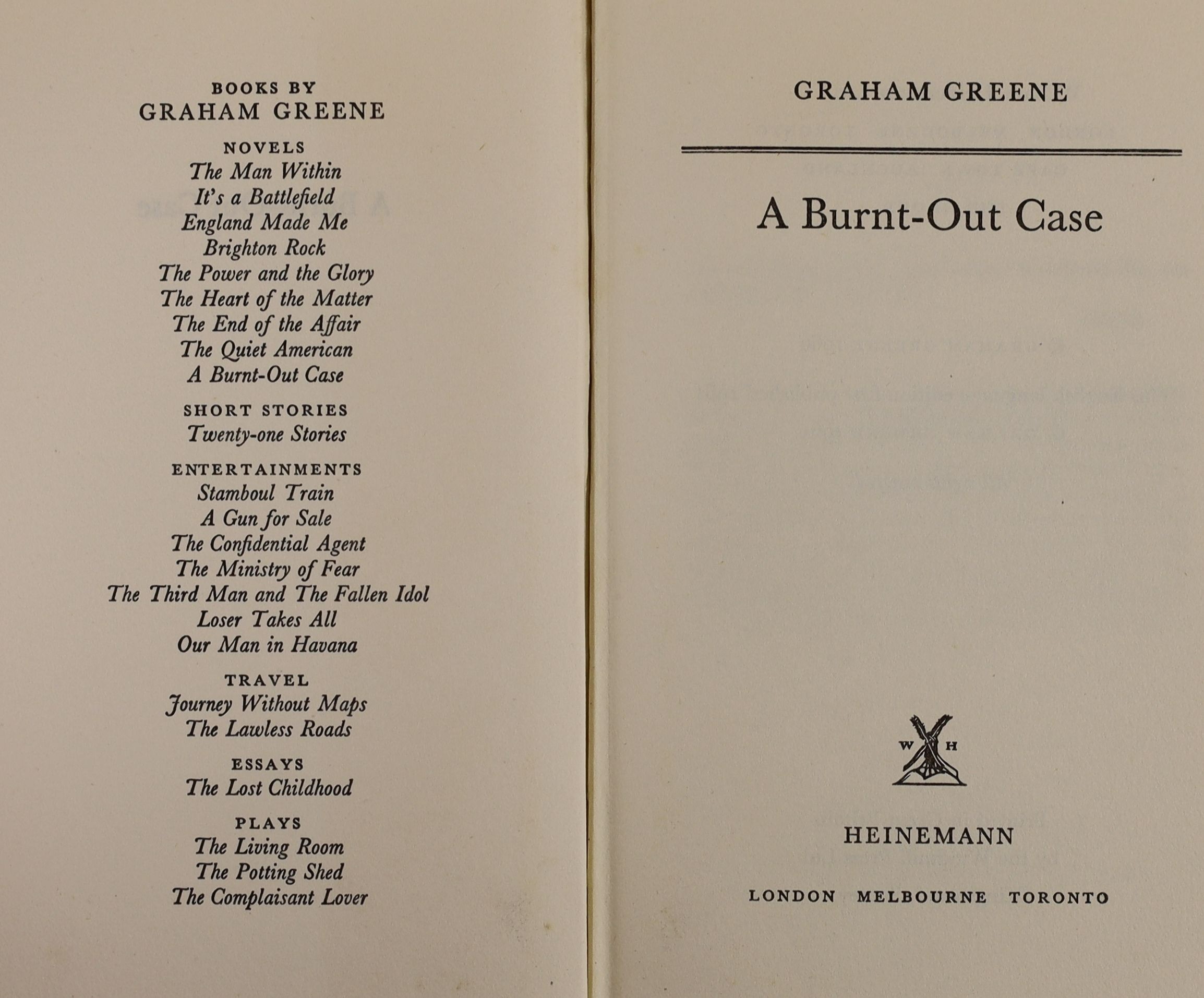 Greene, Graham - A Burnt out Case. 1st English ed. original cloth with I clipped d/j. 8vo. Heinemann, London, 1961.